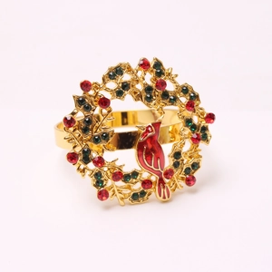 Golden Christmas wreath napkin ring with red cardinal bird and crystal rhinestones