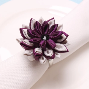 Handmade purple lotus fabric flower napkin ring with silver metal band and crystal center