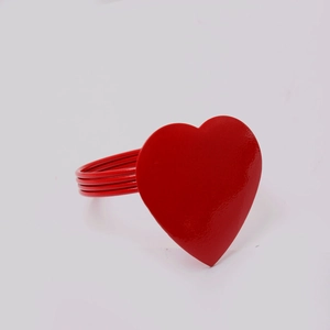 Glossy red heart-shaped metal napkin ring for Valentine's table decor with wired loop