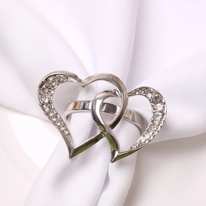 Silver double heart napkin ring with sparkling rhinestones for wedding table decor