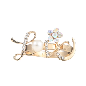 Golden Love heart napkin ring with white pearl and sparkling rhinestones for table decor