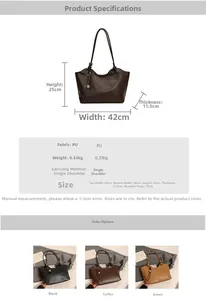 Size guide for large PU leather tote bag with dimensions 42x25x11.5cm in three colors