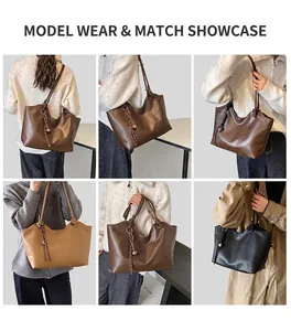 Detailed views of high-capacity tote bags in brown, khaki, and black with tassel charm