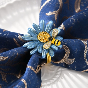 Détail du rond de serviette marguerite bleue avec abeille en strass sur serviette bleue