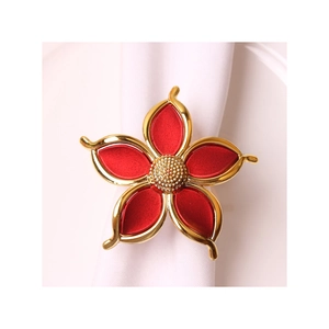 Elegant red five-petal flower napkin ring with gold glitter finish and metallic base