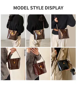 Vues détaillées du sac seau vintage en cuir verni porté par un mannequin en tenue