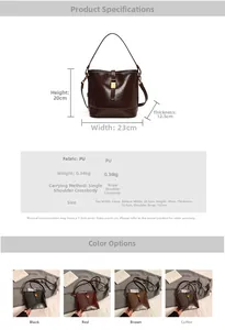 Schéma détaillé montrant les dimensions du sac seau en cuir PU et ses quatre couleurs