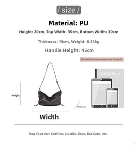 Size guide for large pleated PU tote bag with dimensions and capacity comparison