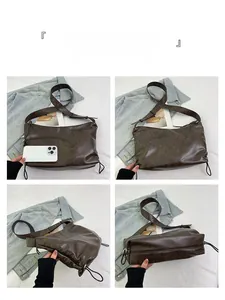 Detailed views of a brown pleated crossbody bag with drawstring sides and leather texture