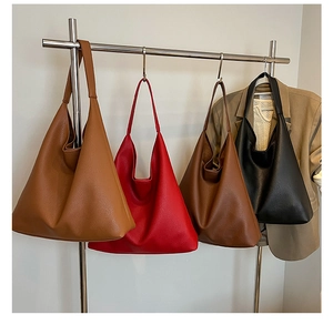 Detailed comparison of minimalist oversized tote bags in brown, red, coffee, and black
