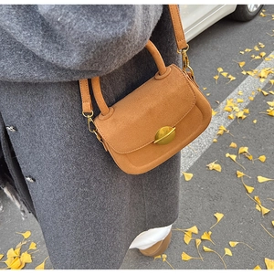 Brown suede crossbody bag with gold round buckle shown on ginkgo leaf background