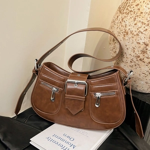 Borsa Sottobraccio in Pelle PU Vintage da Donna Borsa Hobo Retro Moto Con Fibbia in Metallo Doppie Tasche Con Cerniera Borsa a Tracolla