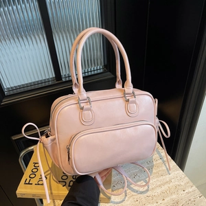 Bolso de mano retro en cuero sintético rosa claro con doble asa y bolsillo con cremallera