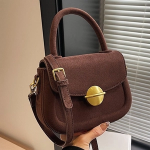 Women Vintage Suede Texture PU Leather Saddle Bag Retro Minimalist Handbag Crossbody Bag With Gold Circular Metal Lock