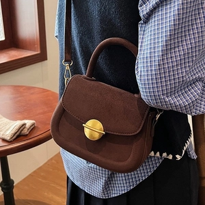 Retro dark brown suede crossbody bag with gold round buckle and detachable strap