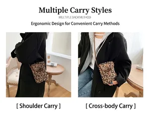 Detail of leopard print mini crossbody bag shown in shoulder and crossbody styles