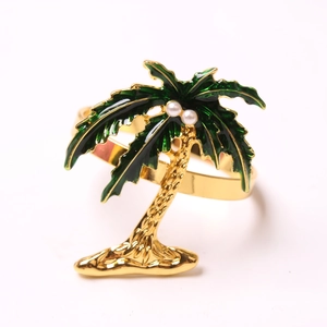Golden coconut tree napkin ring with green enamel palm leaves and pearl accents