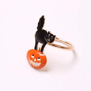 Halloween black cat and orange pumpkin napkin ring with rose gold finish and enamel detail