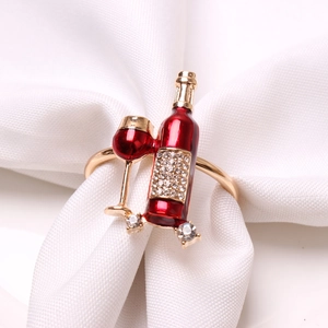 Creative red wine bottle and glass napkin ring with gold plating and sparkling crystals