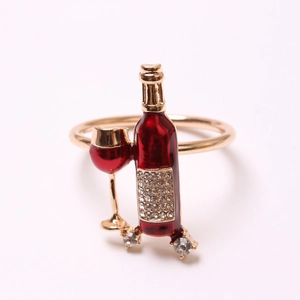 Golden red wine bottle and glass napkin ring with sparkling rhinestones for table decor