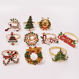 Christmas Napkin Rings Alloy Enamel Reindeer Christmas Tree Snowflake For Holiday Table Decoration Elegant Rhinestone Artificial Pearl