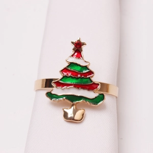 Christmas tree napkin ring with colorful enamel and sparkling red rhinestone set of 10