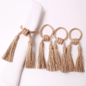 Set of 4 handmade boho jute rope napkin rings with elegant tassels and braided knots