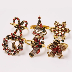 6-piece festive Christmas napkin ring set with rhinestone-studded holiday designs