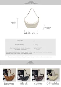 Detailed size chart and multi-color view of crescent-shaped PU leather crossbody bags
