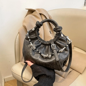 Chic dark gray pleated cloud handbag with retro leather texture and decorative chain strap