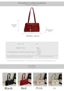 Detailed technical infographic showing dimensions and color options for the PU leather bag