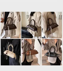 Collage of four vintage-style shoulder bags showing draping and size on a model