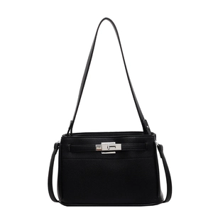 Classic black litchi leather Kelly bag with silver hardware and dual straps for women