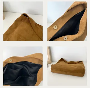 Detail view of brown suede tote bag showing magnetic closure and internal zipper pocket