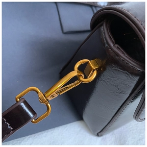 Close-up of golden metal clasp and glossy dark brown leather texture on handbag