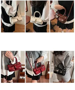 Collage of retro glossy shoulder bags in four colors with double pockets and silver hardware