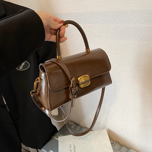 Vintage dark brown square handbag with gold buckle and adjustable strap in hand
