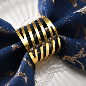 Macro shot of gold electroplated napkin ring with a multi-layer hollow striped design
