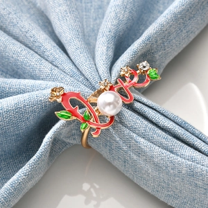 Love Napkin Ring Gold Plated Zinc Alloy With Red Enamel Artificial Pearl Rhinestone Flower For Valentine Day Wedding Dinner Decor