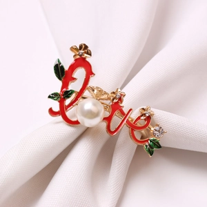 Golden Love napkin ring with red enamel roses and white pearl for Valentine dinner decor