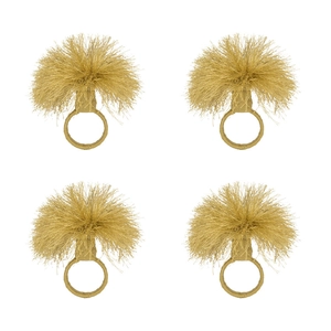 Set of 4 handmade khaki raffia napkin rings with bohemian tassel ball design on white background
