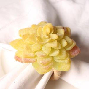 Succulent napkin ring with yellow plant design and natural wooden texture base