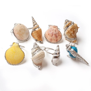 Detailed set of eight ocean-style seashell rings with silver metal plating on white background
