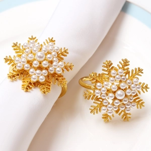 Servilleteros de copo de nieve dorados con perlas blancas para decoración de Navidad
