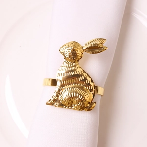 Rond de serviette lapin doré en métal poli pour Pâques et décoration de table festive