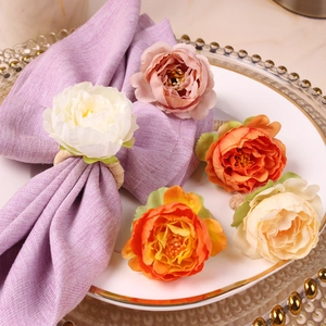 Artificial Peony Flower Napkin Ring Satin Fabric Rose Floral Handmade Table Decoration Banquet Wedding Party Farmhouse