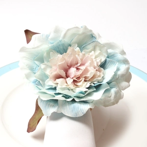 Peony napkin ring with vintage Morandi silk flower on white porcelain plate