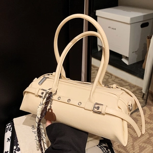 Women Retro PU Leather Baguette Underarm Bag With Braided Rope Silk Scarf Charm Metal Buckle Commuter Shoulder Bowling Bag