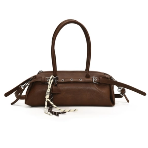 Brown baguette bag with long handles and braided rope detail on a white background