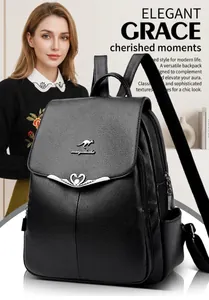 Detailed view of black litchi pattern leather backpack with metal logo and flap closure